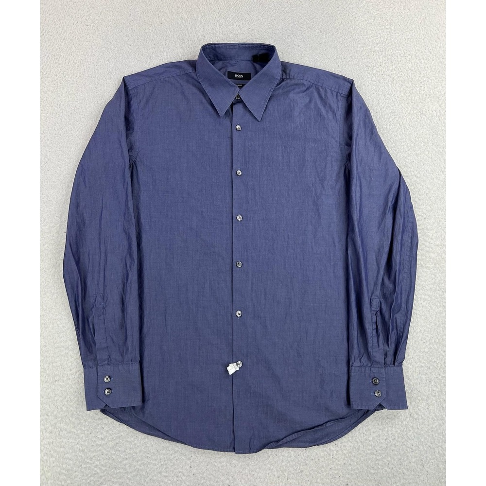 BOSS Hugo Boss Dress Shirt Mens 16.5 34/35 Blue Slim Fit Italian Cotton LS